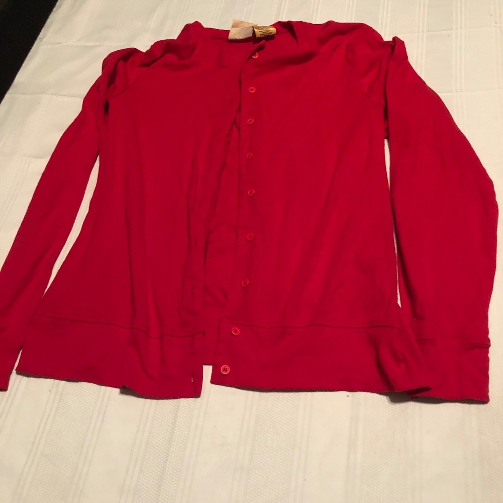 Cindy Ambuehl 100% cotton red cardigan.